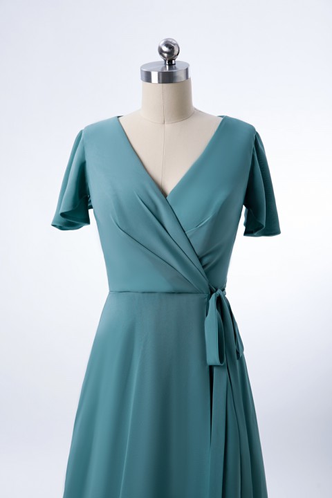 Clearance | V-neck Short Sleeves Side Slit Skirt Chiffon Bridesmaid Dress with Belt