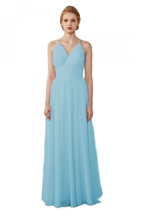 Spaghetti Straps V-Neck Bridesmaid Dress Open Back with Triangle Lace Detail