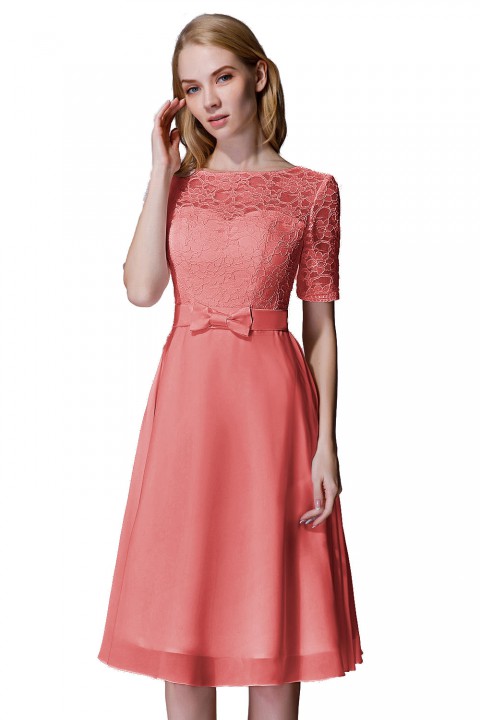 Elbow Sleeves Lace Illusion Scoop Neck Short Bridesmaid Dress with Silk Bowknot