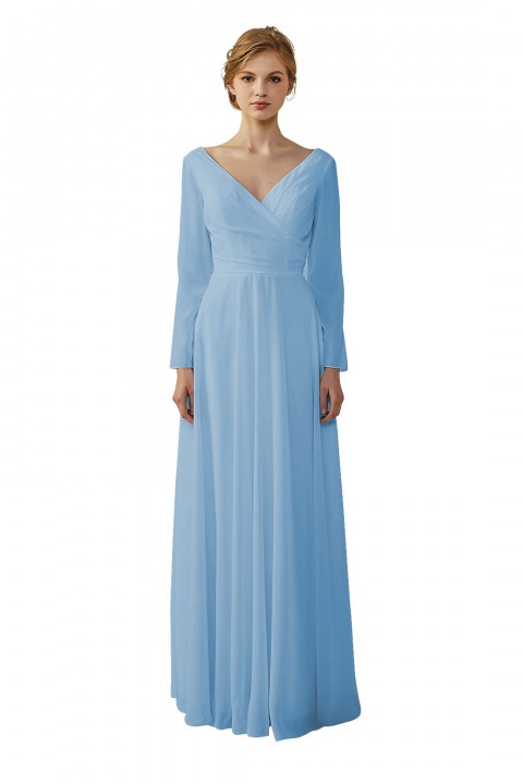 Long Sleeve Illusion Lace Back Closure V-Neck Elegant Bridesmaid Dress