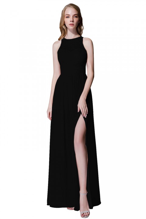 Illusion Lace Neck & Back Scoop Side Slit Bridesmaid Dress