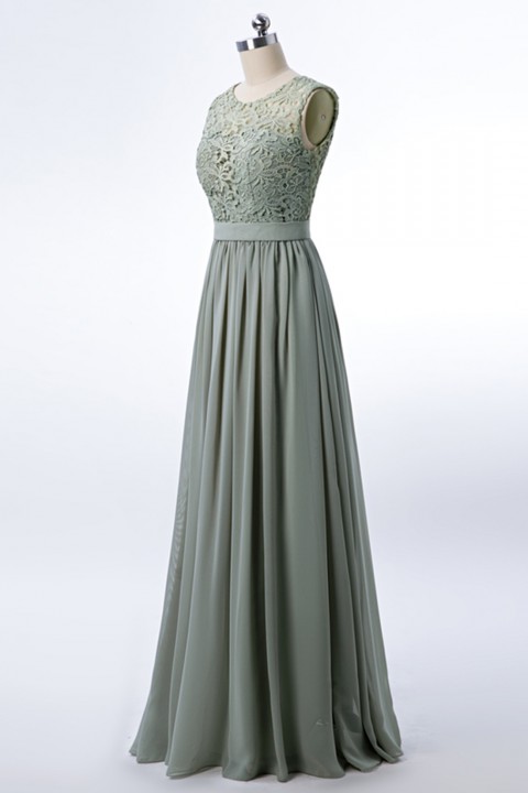 Clearance | Lace Scoop Illusion Back A-Line Chiffon Bridesmaid Dress Long