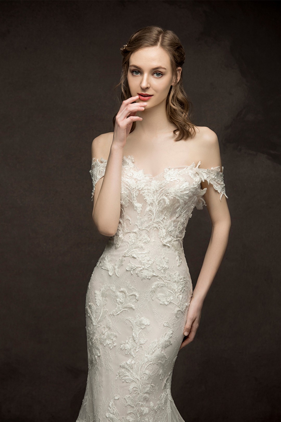 Off Shoulder Corset Back Lace Applique Mermaid Wedding Dress