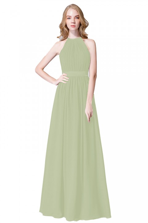 High Neck Halter Pleated Bodice Chiffon Bridesmaid Dress Long