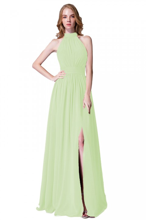 Illusion Neckline High Neck Halter Side Slit Chiffon Bridesmaid Dress with Keyhole