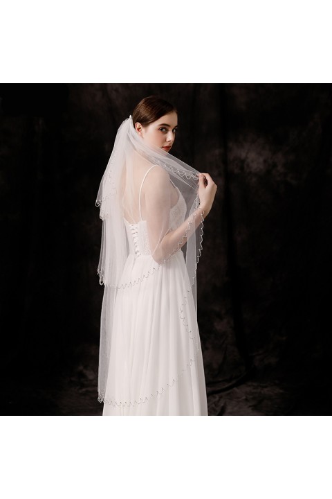 Three-Tier Beaded Edge Bridal Veil with Comb