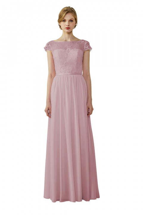 Cap Sleeves Lace Illusion Back Scoop Neckline Bridesmaid Dress