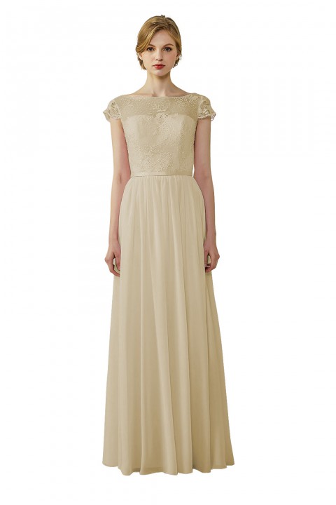 Cap Sleeves Lace Illusion Back Scoop Neckline Bridesmaid Dress