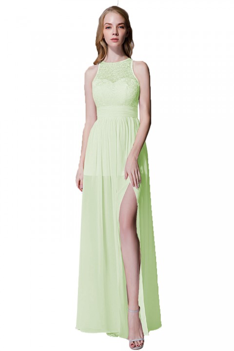 Illusion Lace Neck & Back Scoop Side Slit Bridesmaid Dress