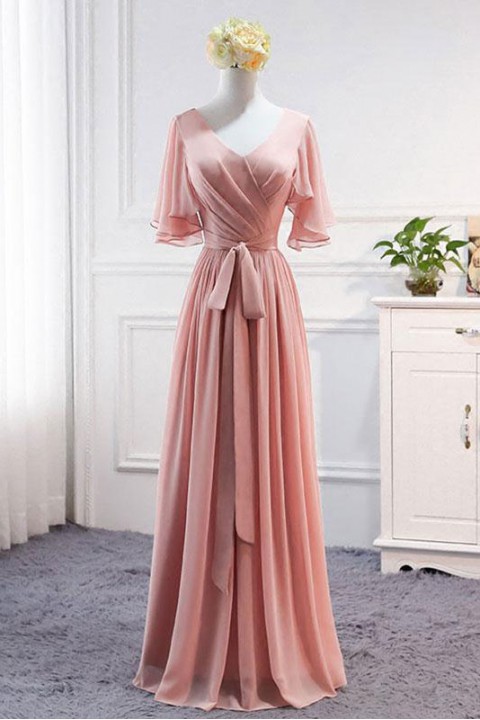 Clearance | Flutter Sleeves V Neck Ruched Bridesmaid Dress with Belt