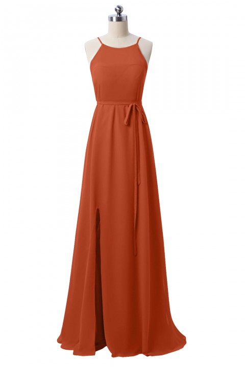 Spaghetti Straps Halter Neckline Open Back Bodice Side Slit Skirt Bridesmaid Dress with Adjustable Belt