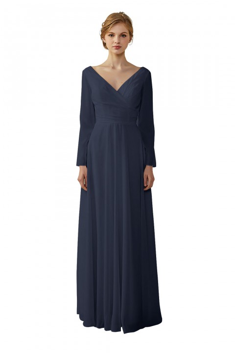 Long Sleeve Illusion Lace Back Closure V-Neck Elegant Bridesmaid Dress