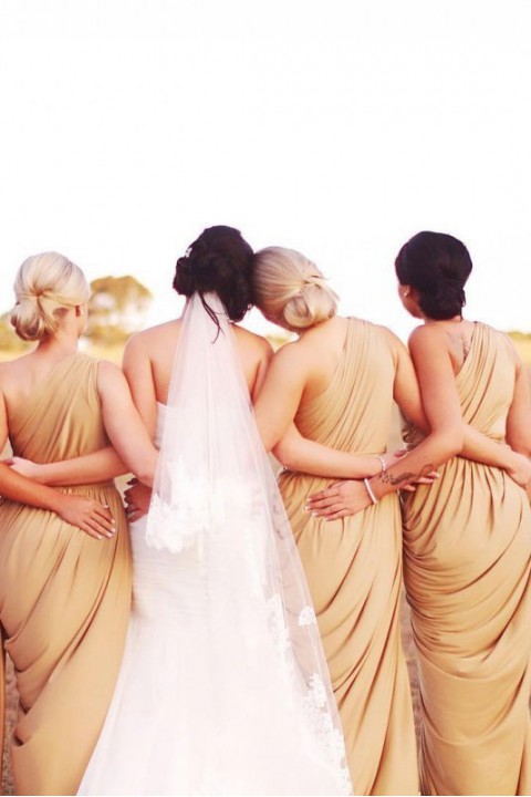 Clearance | One Shoulder Draped Side Slit Bridesmaid Dress with Belt