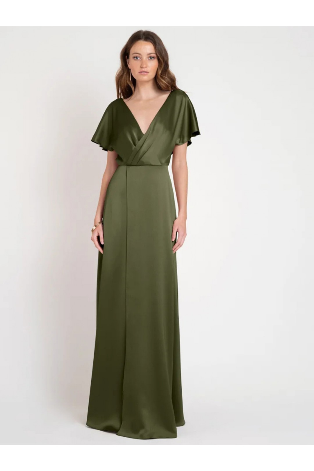 Olive Green V Neck Cap Sleeves Ruffles 