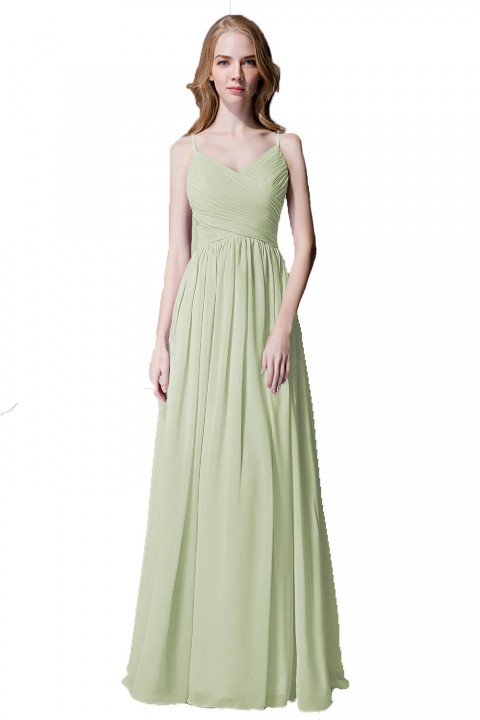 Spaghetti Straps Pleated Chiffon Bridesmaid Dress with Lace Open Back