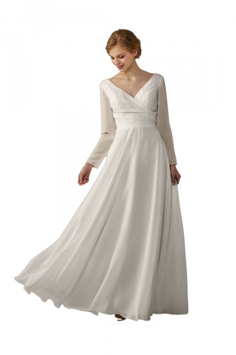 Long Sleeve Illusion Lace Back Closure V-Neck Elegant Bridesmaid Dress