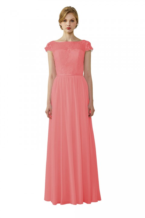 Cap Sleeves Lace Illusion Back Scoop Neckline Bridesmaid Dress
