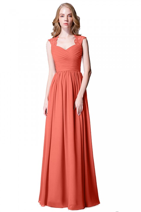 Modest Cap Sleeves Chiffon Long Bridesmaid Dress with Lace Back