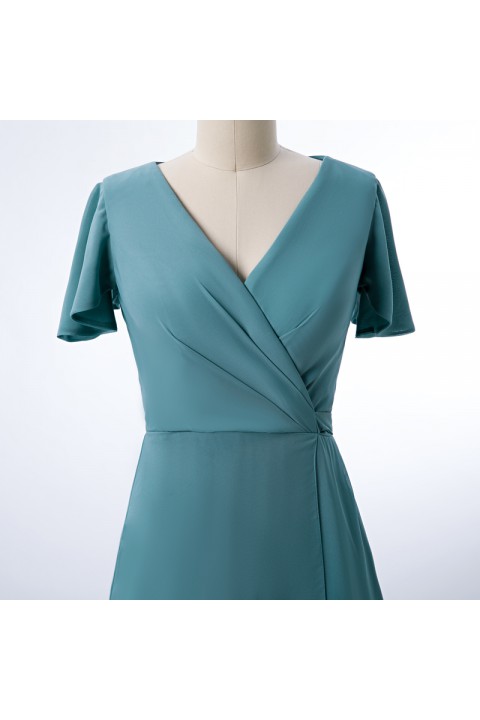 Clearance | V-neck Short Sleeves Side Slit Skirt Chiffon Bridesmaid Dress with Belt