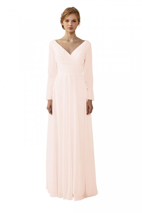 Long Sleeve Illusion Lace Back Closure V-Neck Elegant Bridesmaid Dress