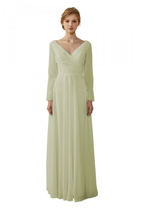 Long Sleeve Illusion Lace Back Closure V-Neck Elegant Bridesmaid Dress