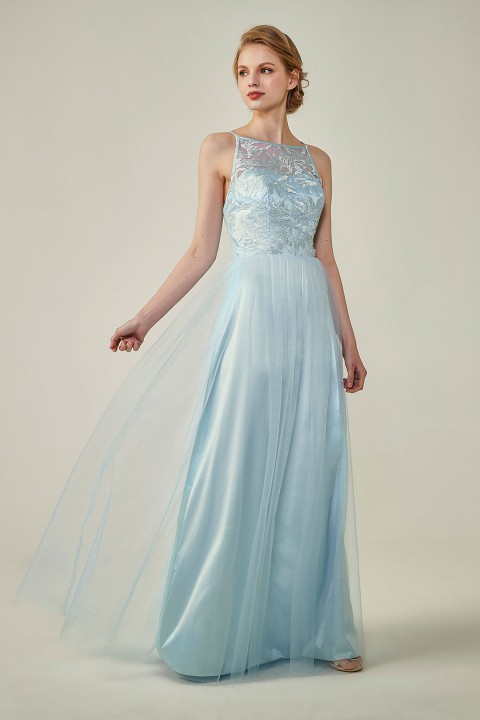 Clearance | Tulle Lace Illusion Boat Neck and Back Bridesmaid Dress