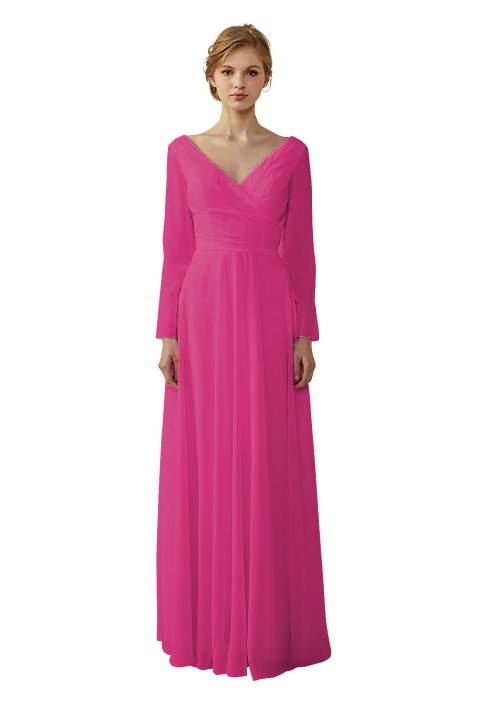 Long Sleeve Illusion Lace Back Closure V-Neck Elegant Bridesmaid Dress