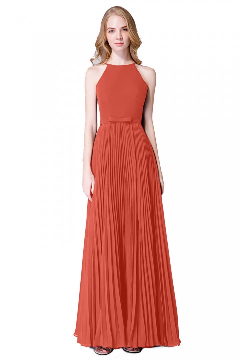 Fit-and-Flare Slit High-Neck Halter Bridesmaid Dress with Bowknot