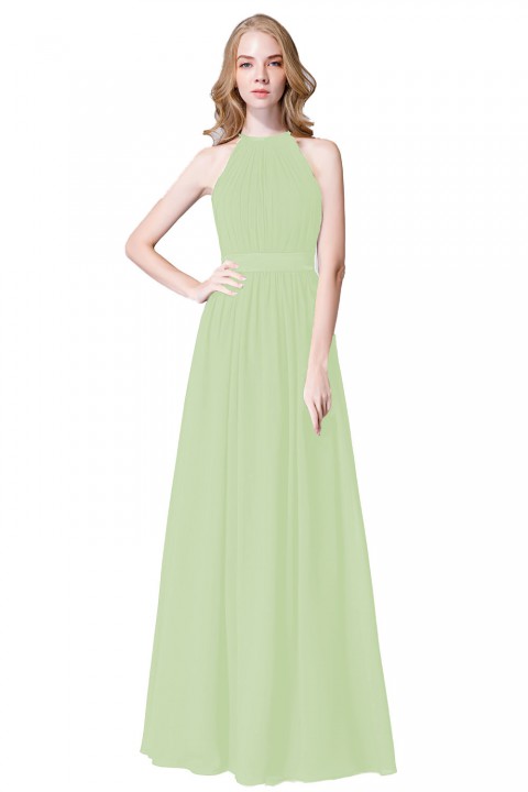 High Neck Halter Pleated Bodice Chiffon Bridesmaid Dress Long