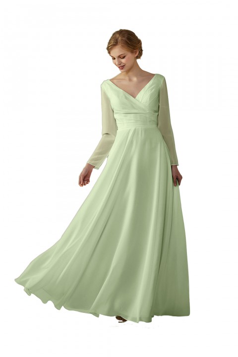 Long Sleeve Illusion Lace Back Closure V-Neck Elegant Bridesmaid Dress