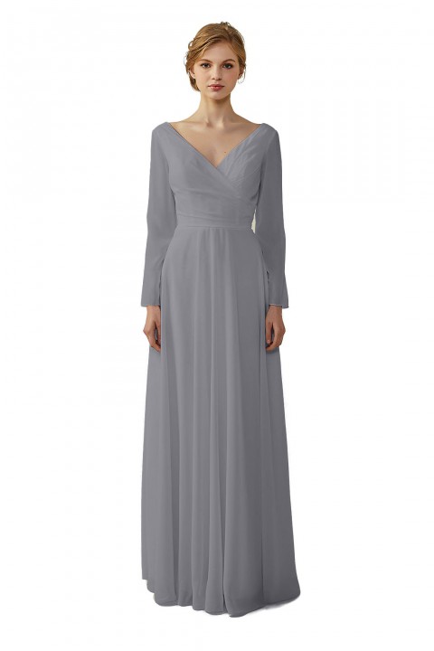Long Sleeve Illusion Lace Back Closure V-Neck Elegant Bridesmaid Dress