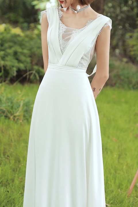 Eyelash Lace V Neck \u0026 Back Casual Satin Wedding Dress