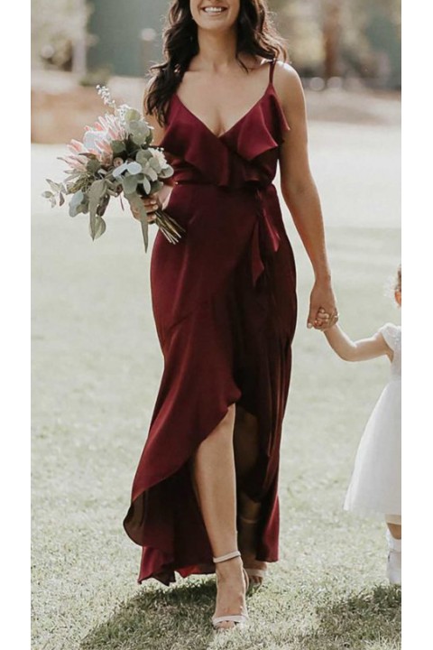 Spaghetti Strap V Neck Ruffles Satin Bridesmaid Dress with Tied Waist