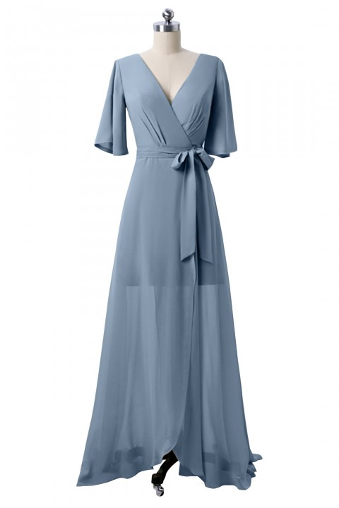 V Neck and Back Tied Waist Ruffled Hem Chiffon Bridesmaid Dress with Side Slit