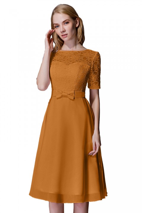 Elbow Sleeves Lace Illusion Scoop Neck Short Bridesmaid Dress with Silk Bowknot