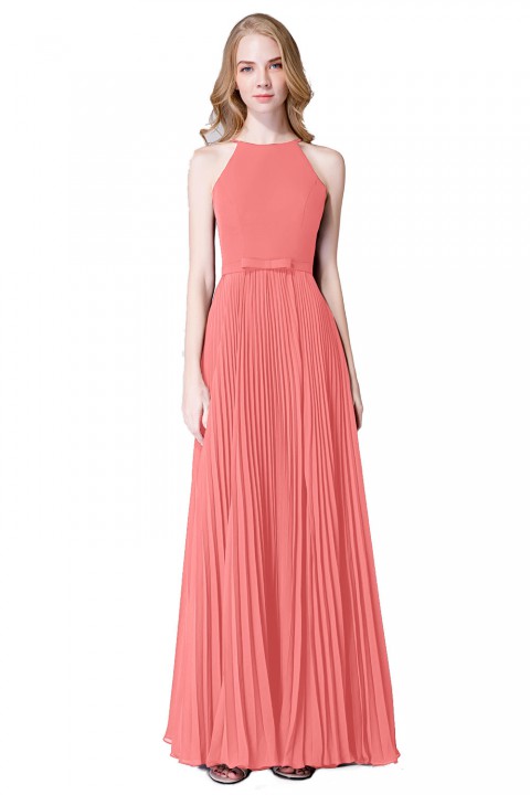 Fit-and-Flare Slit High-Neck Halter Bridesmaid Dress with Bowknot