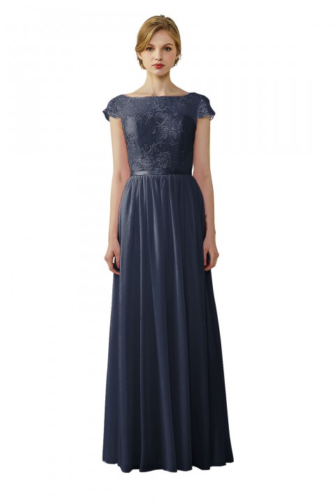Cap Sleeves Lace Illusion Back Scoop Neckline Bridesmaid Dress