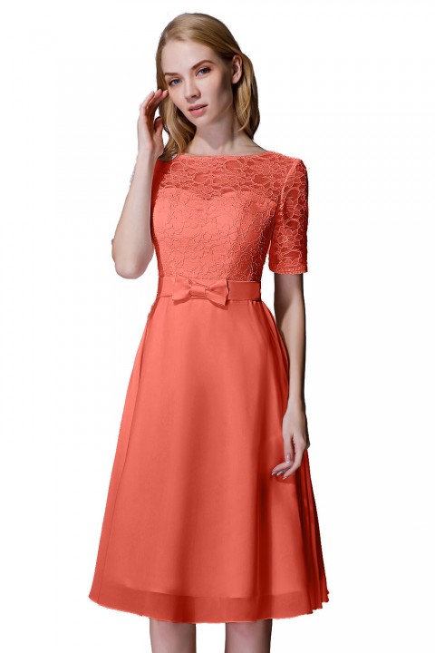 Elbow Sleeves Lace Illusion Scoop Neck Short Bridesmaid Dress with Silk Bowknot