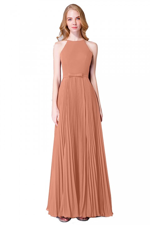 Fit-and-Flare Slit High-Neck Halter Bridesmaid Dress with Bowknot
