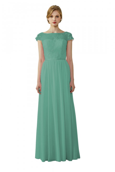 Cap Sleeves Lace Illusion Back Scoop Neckline Bridesmaid Dress