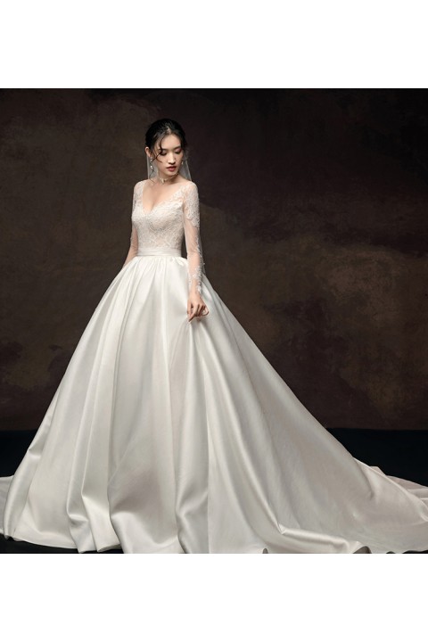 Long Sleeve Corset Back Lace Bodice Satin Skirt Ball Gown Wedding Dress  with Train