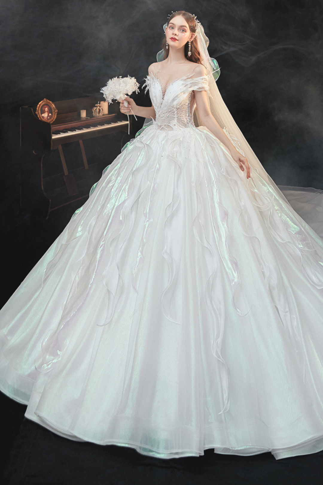 Elegant Pearl Tulle Long Wedding Shawl Trailing , VG41