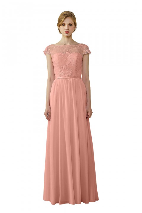Cap Sleeves Lace Illusion Back Scoop Neckline Bridesmaid Dress