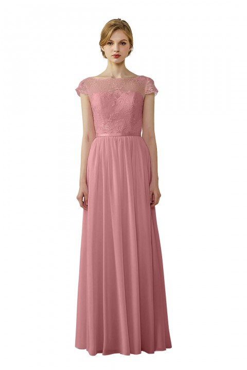 Cap Sleeves Lace Illusion Back Scoop Neckline Bridesmaid Dress