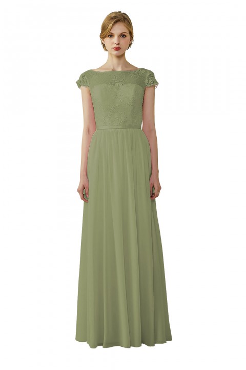 Cap Sleeves Lace Illusion Back Scoop Neckline Bridesmaid Dress