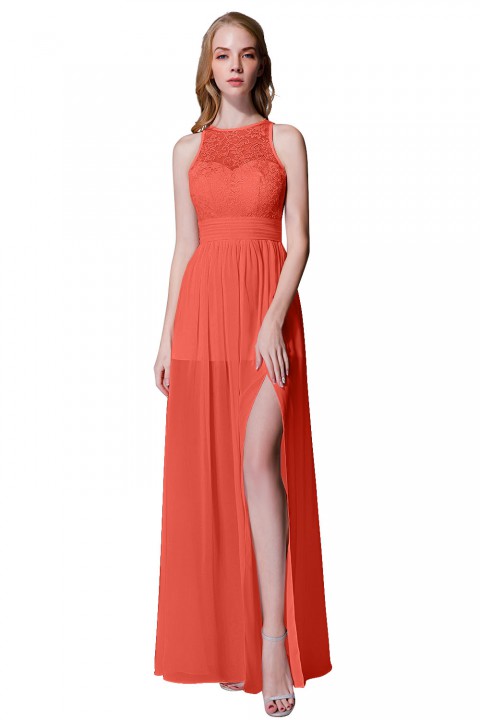 Illusion Lace Neck & Back Scoop Side Slit Bridesmaid Dress