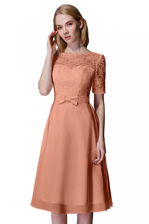 Elbow Sleeves Lace Illusion Scoop Neck Short Bridesmaid Dress with Silk Bowknot