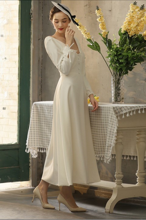 Long Sleeve Deep V Neck \u0026 Back Button Casual Satin Wedding Dress