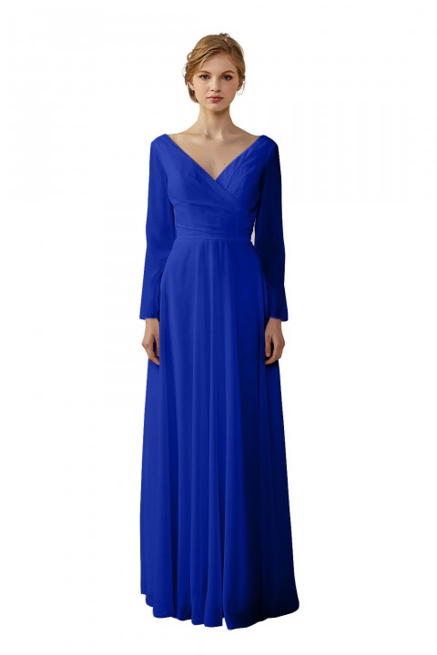 Long Sleeve Illusion Lace Back Closure V-Neck Elegant Bridesmaid Dress