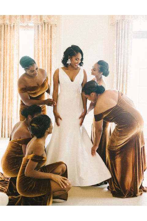 Off Shoulder Mermaid Train Velvet Bridesmaid Dress with Slit